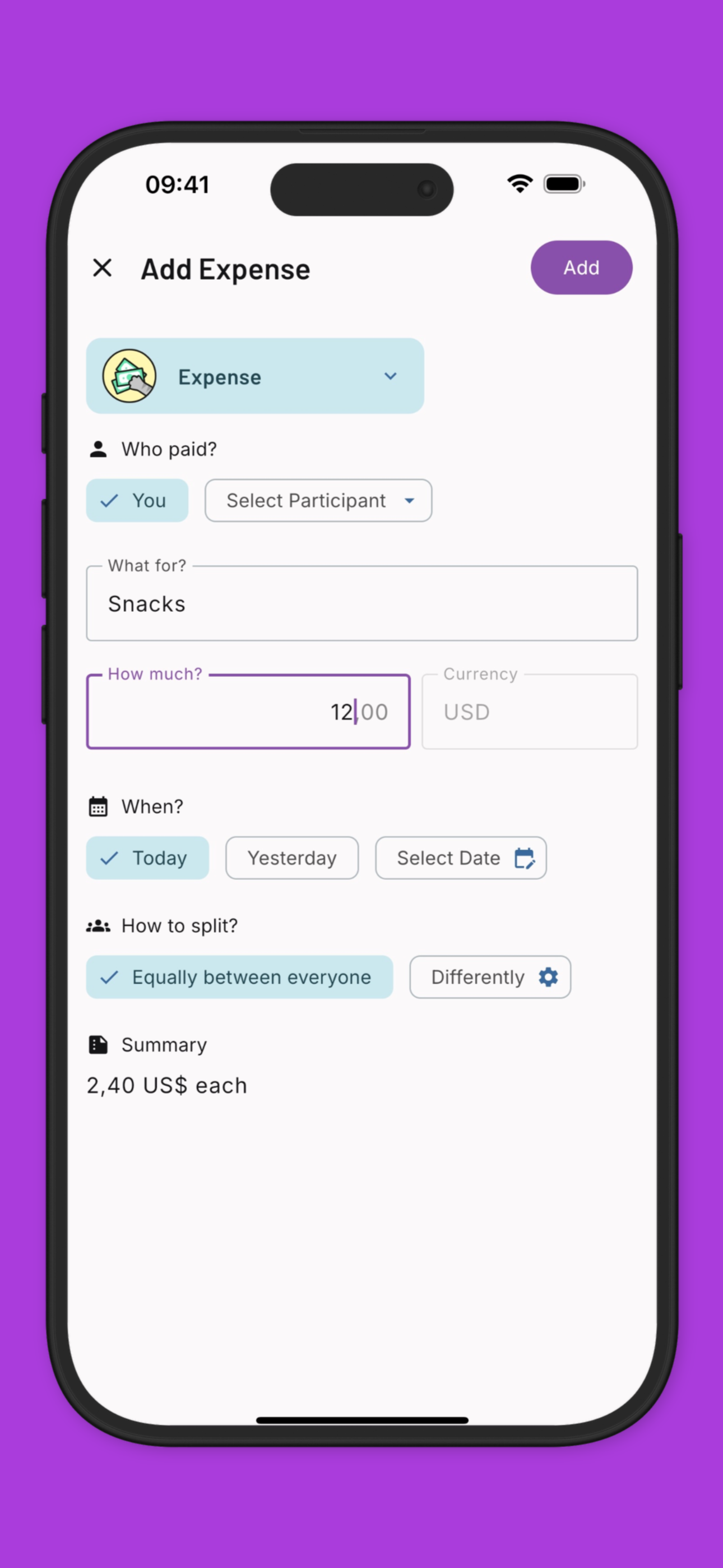 Kittysplit add entry on iOS